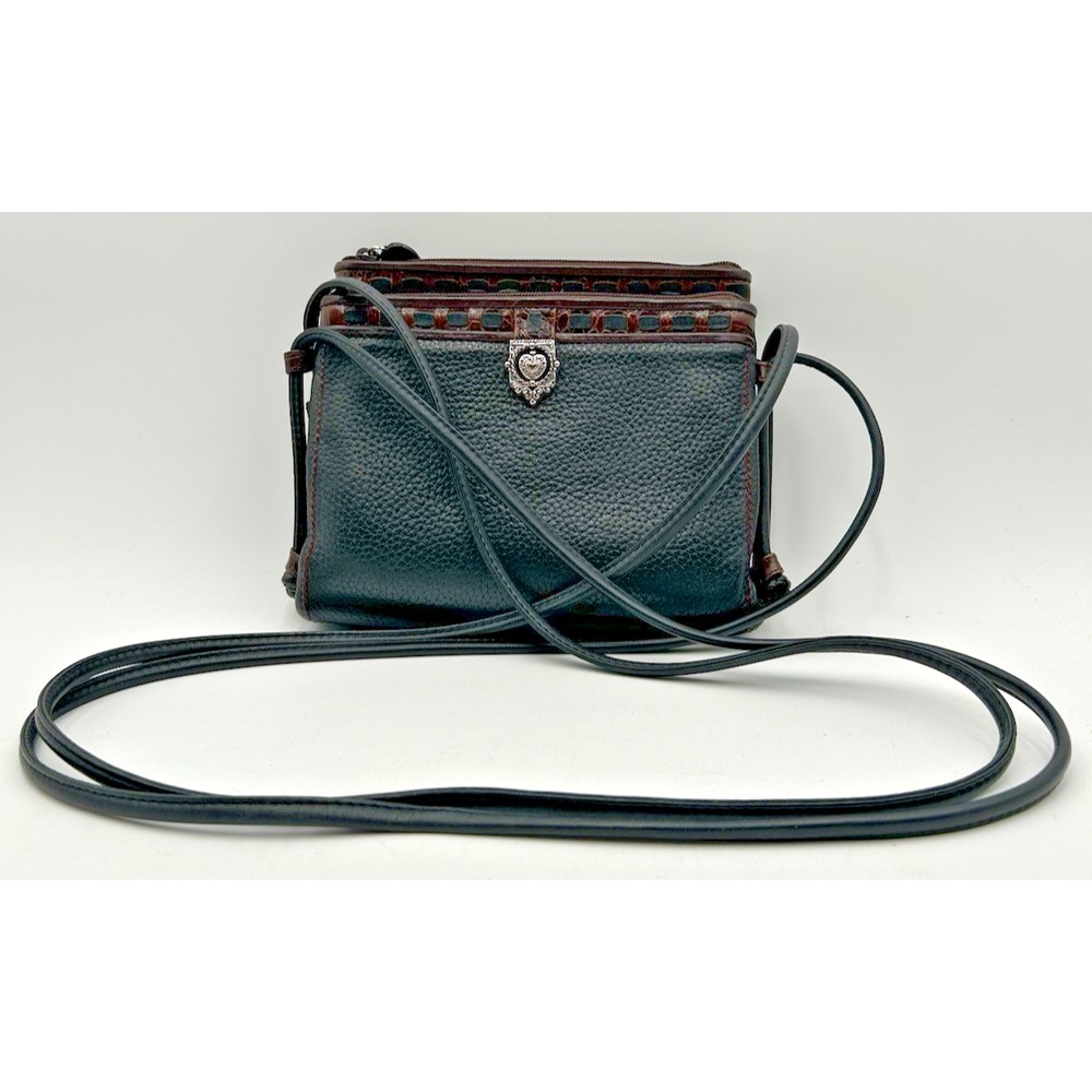 Brighton Crossbody Purse Chocolate Pebbled Leather Heart Double Straps Bag